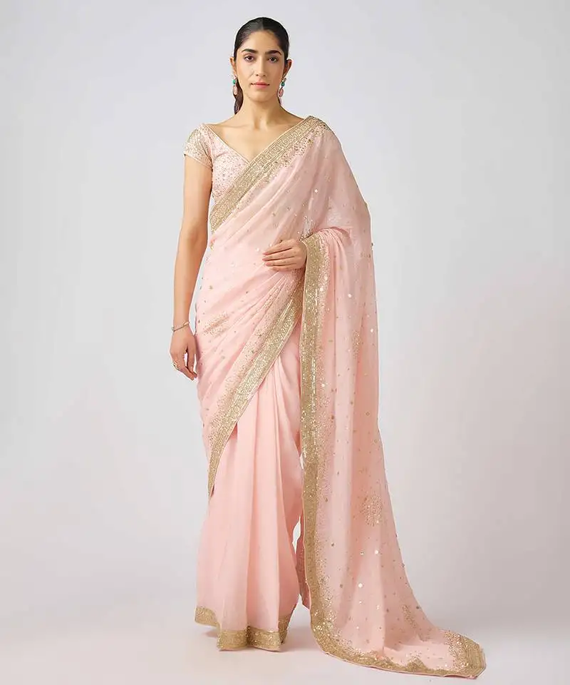 Pink embroidered georgette saree