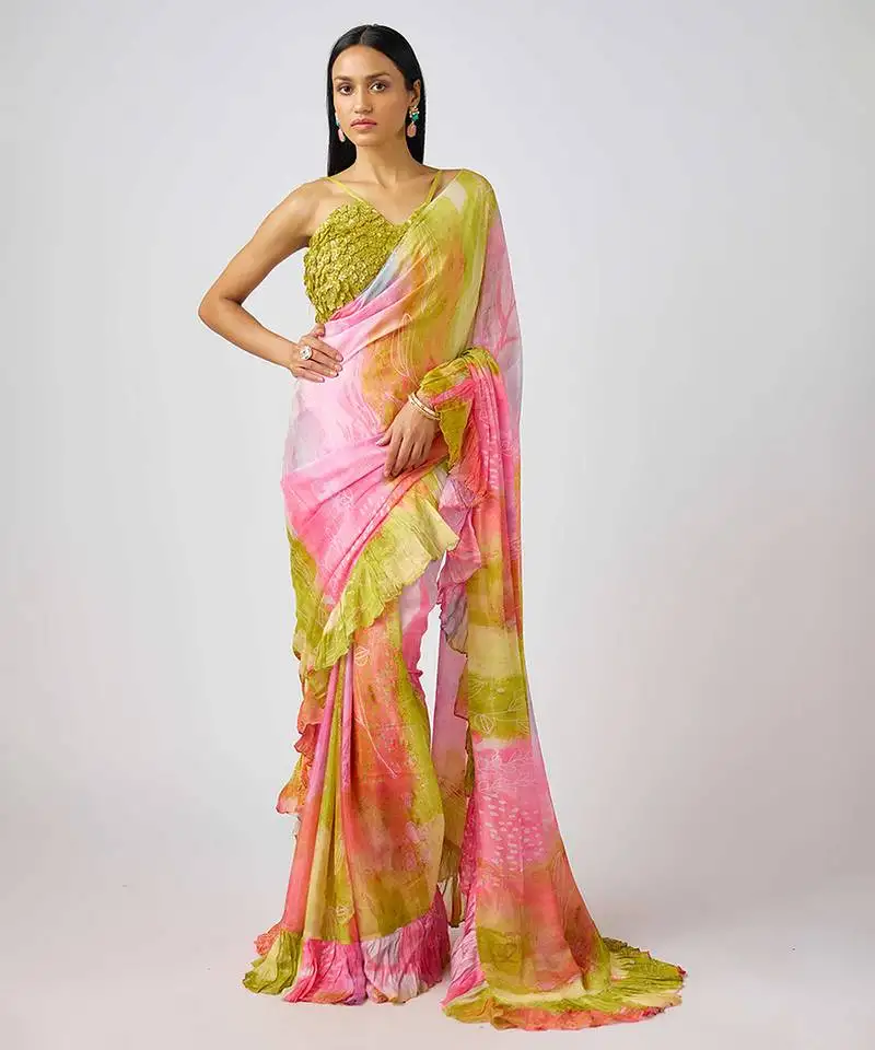 Pink printed chinon saree