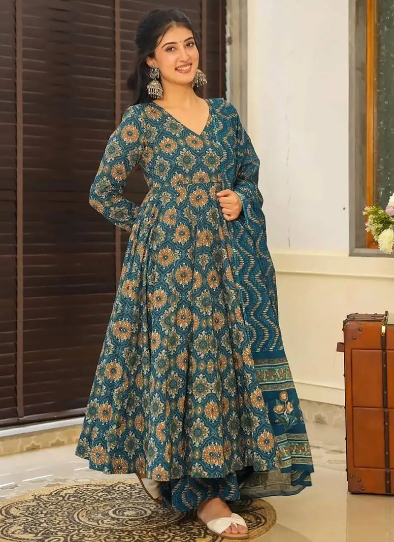 Aqua blue muslin printed designer palazzo suit stitched
