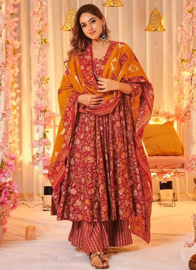 Red muslin printed designer palazzo suit stitched