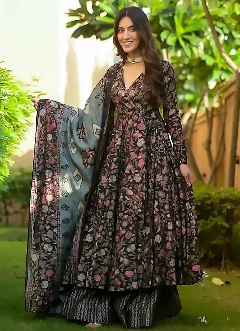 Black muslin printed designer palazzo suit stitched