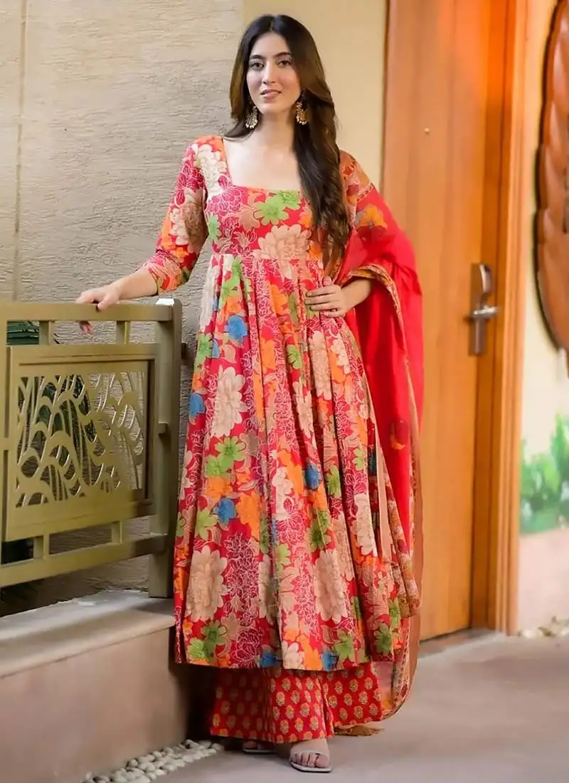 Orange muslin printed designer palazzo suit stitched