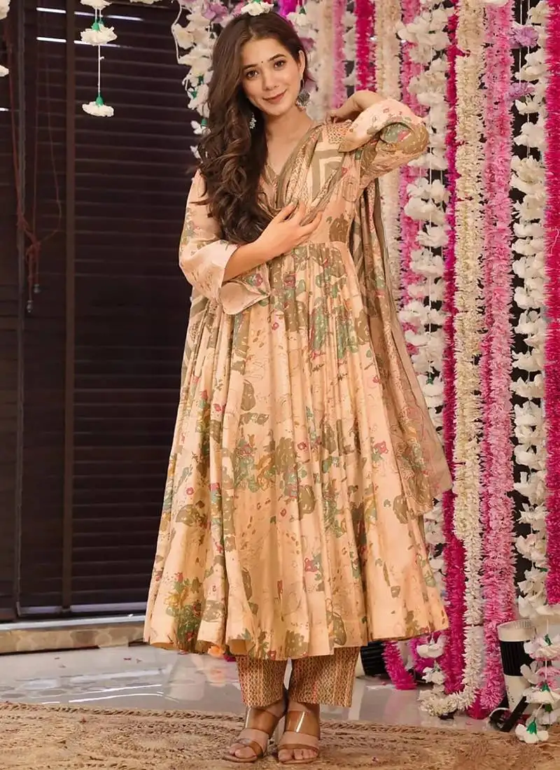 Off white muslin printed designer palazzo suit stitched