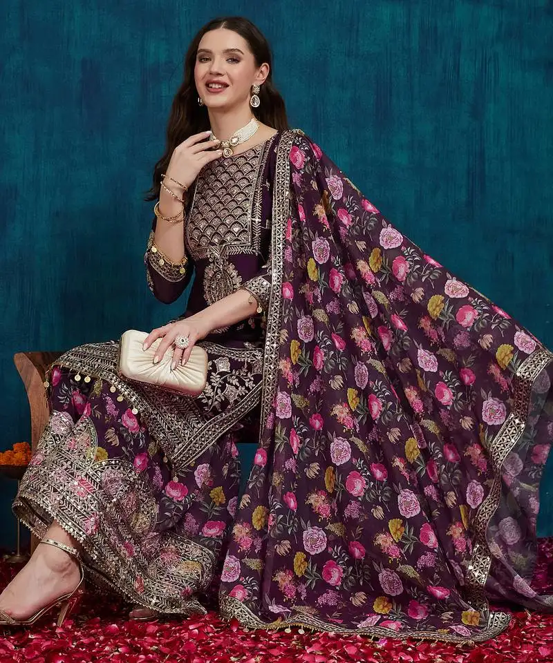 Riva enterprise women's faux georgette fabric zari sequence embroidery work kurtaset with dupatta stitched