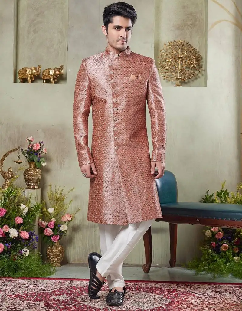 Men's pink sherwani set with print on computer thread work fabric art silk and faux satin