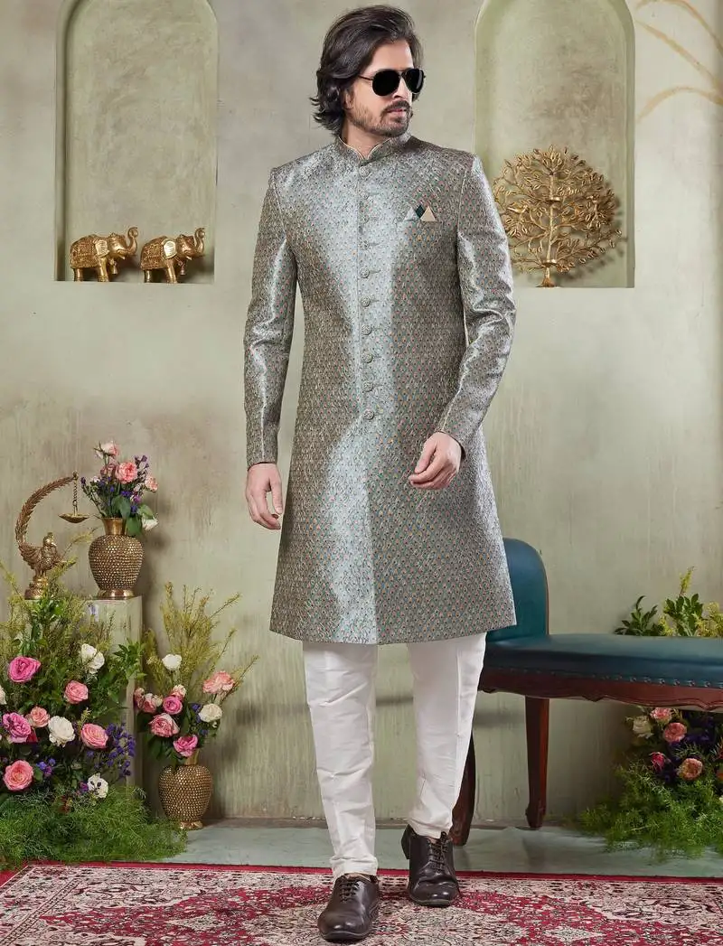 Grey sherwani set with print on computer thread work fabric art silk and faux satin