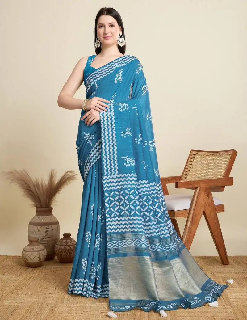 Blue blended cotton saree