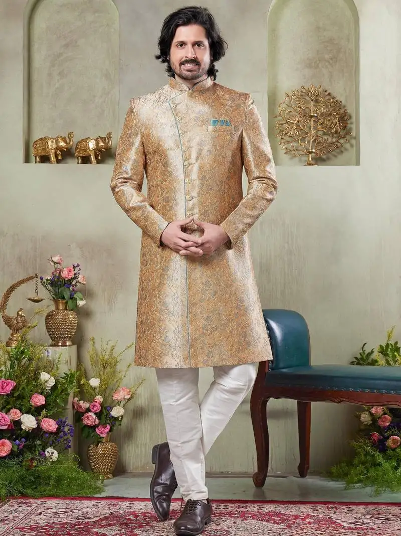 Men's gold sherwani set with print on computer thread work fabric art silk and faux satin
