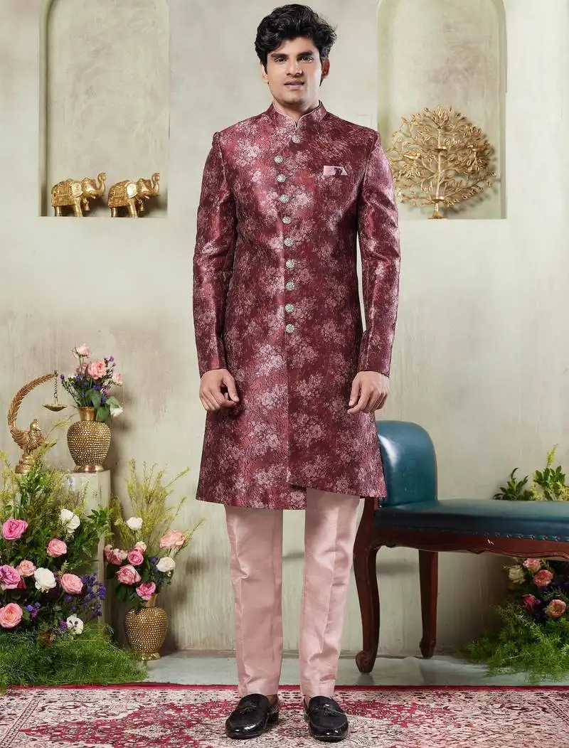 Men's maroon sherwani set with print on computer thread work fabric art silk and faux satin