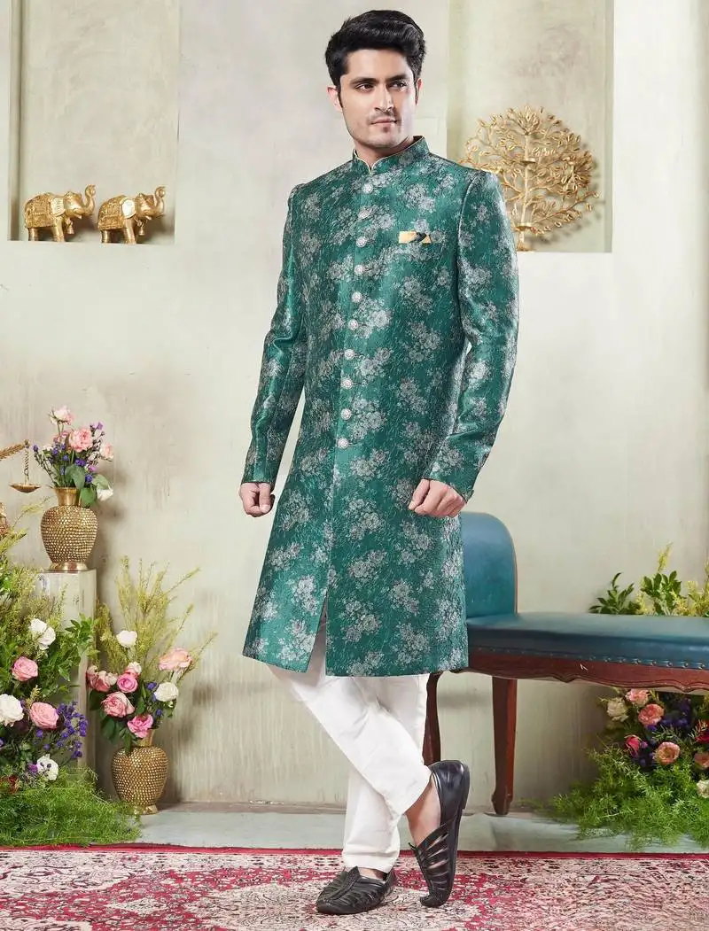 Men's green sherwani set with print on computer thread work fabric art silk and faux satin