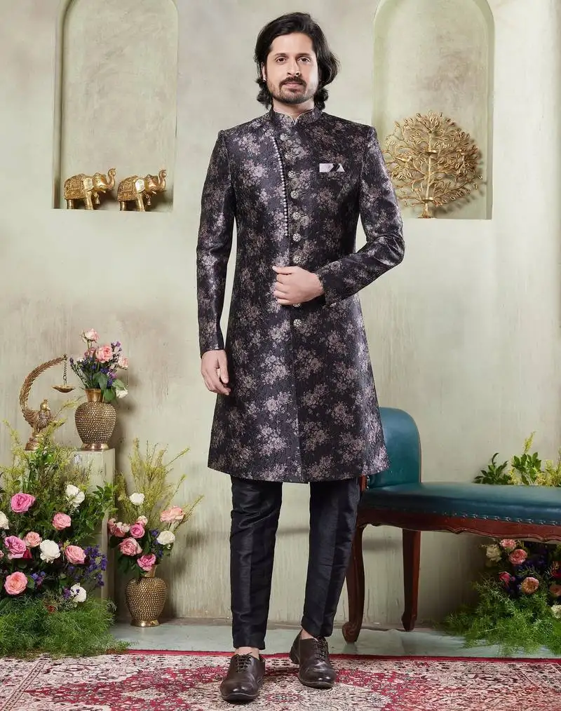 Men's black sherwani set with print on computer thread work fabric art silk and faux satin