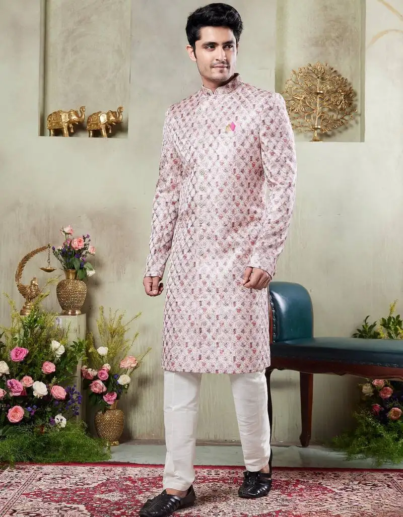 Men's pink sherwani set with digital print on fabric art silk and faux satin