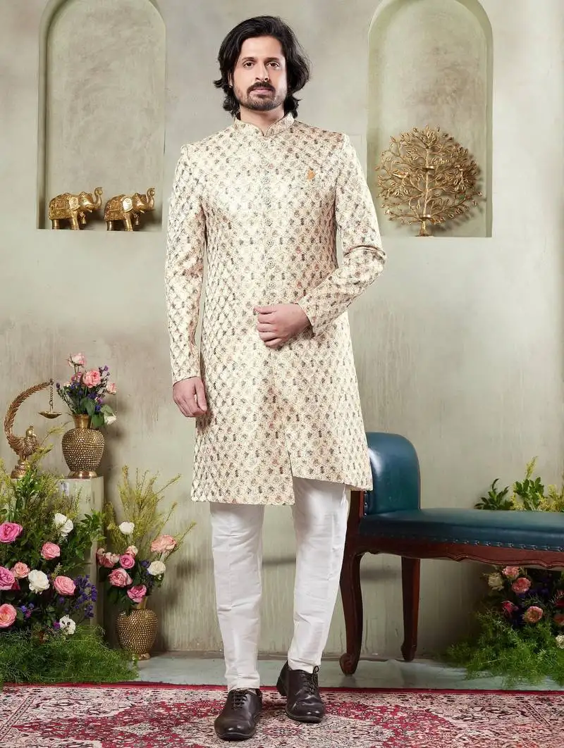 Men's beige sherwani set with digital print on fabric art silk and faux satin