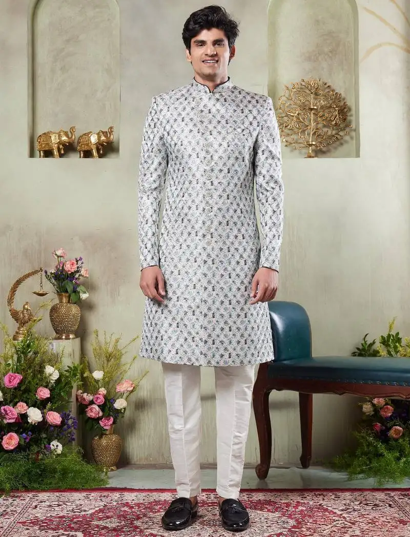 Men's green sherwani set with digital print on fabric art silk and faux satin