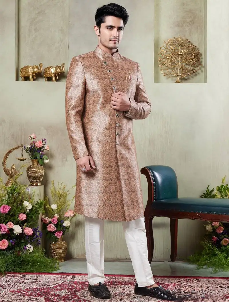 Gold sherwani set with digital print on fabric art silk and faux satin