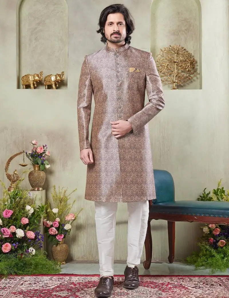 Men's brown sherwani set with digital print on fabric art silk and faux satin