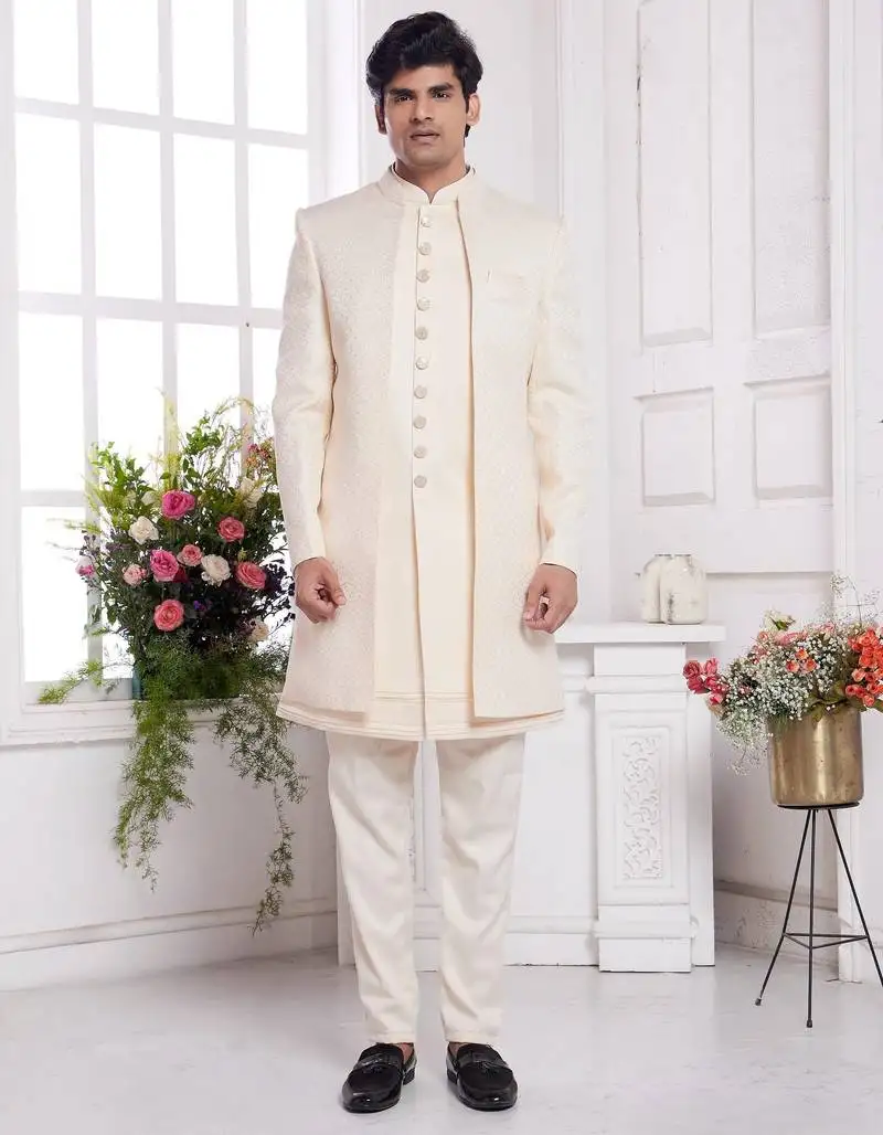 Men's cream 3 peice jacket set with imported jaquard silk and faux satin