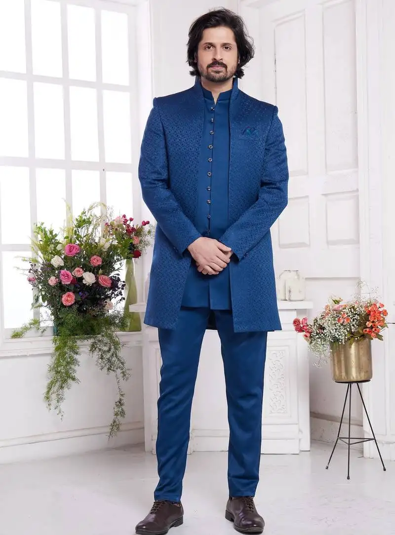 Men's blue 3 peice jacket set with imported jaquard silk and faux satin