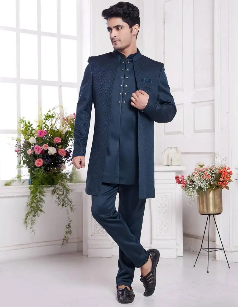 Men's green 3 peice jacket set with imported jaquard silk and faux satin