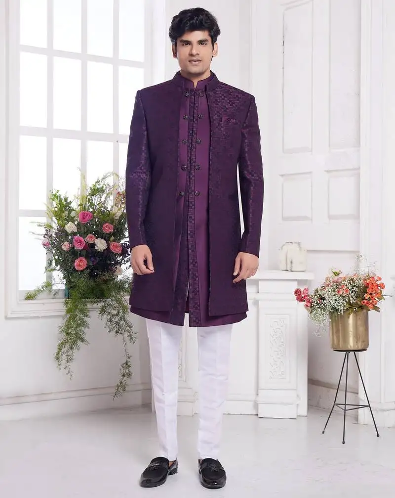 Men's wine 3 peice jacket set with imported jaquard silk and faux satin