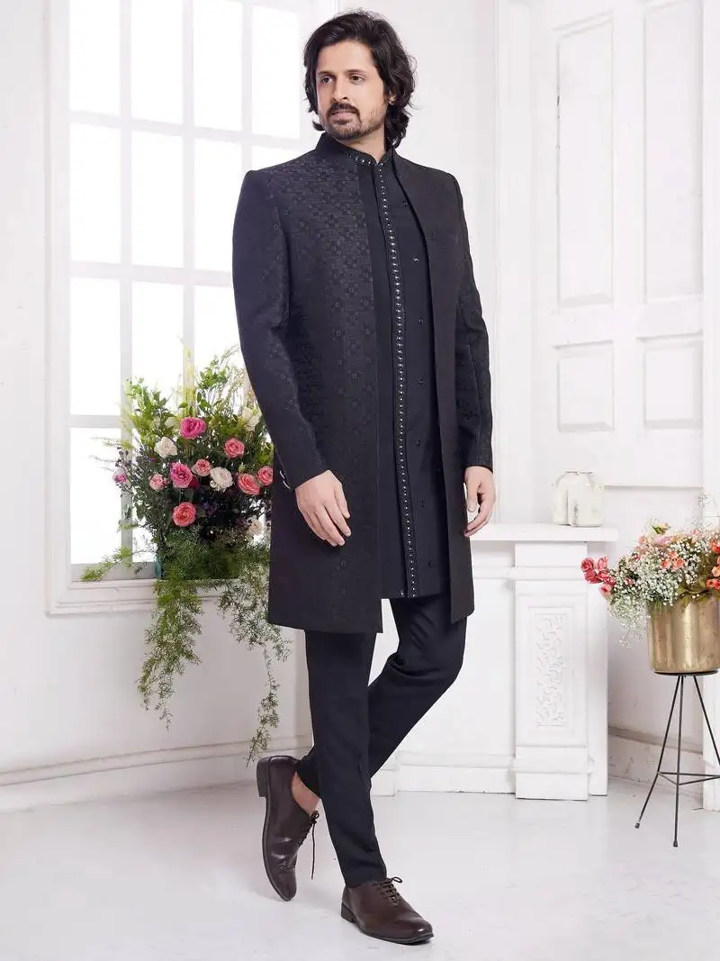 Men's black 3 peice jacket set with imported jaquard silk and faux satin