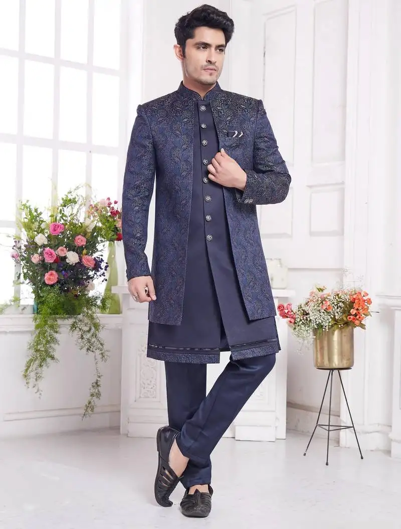 Men's blue 2 peice attach jacket set with imported jaquard silk and faux satin