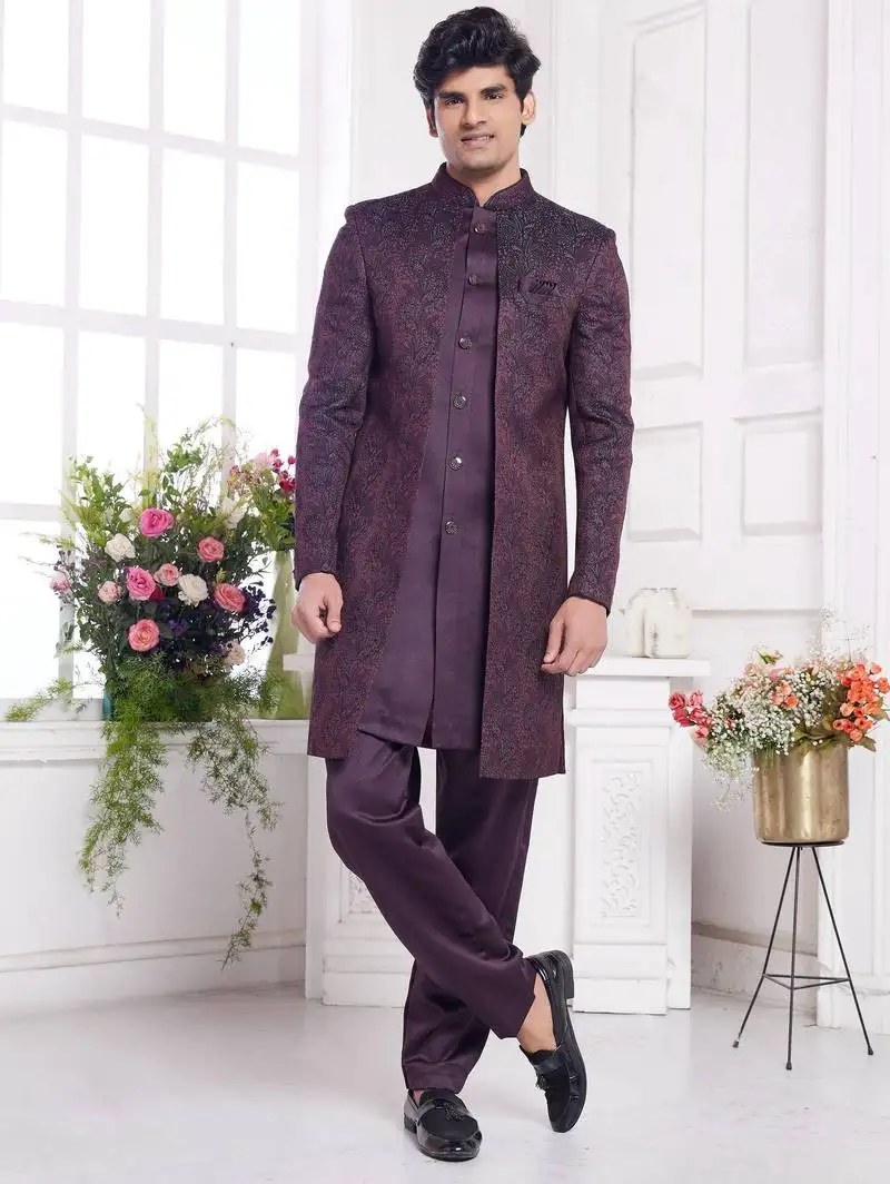 Men's wine 2 peice attach jacket set with imported jaquard silk and faux satin