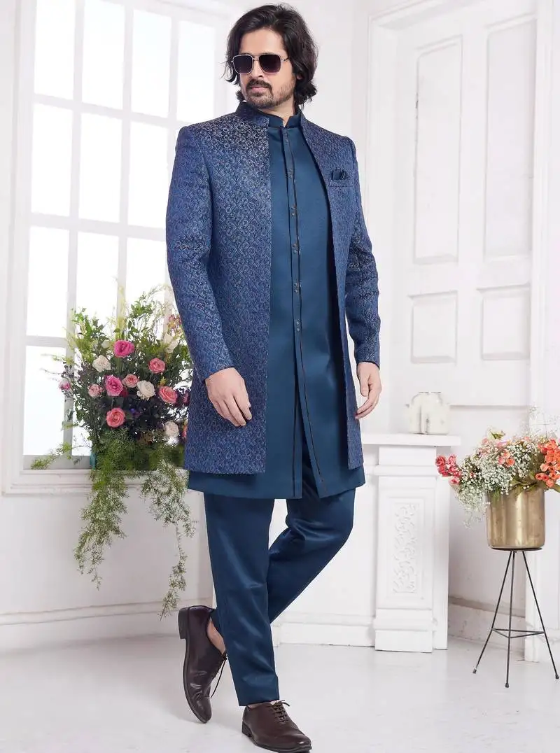 Men's teal green 3 peice jacket set with imported jaquard silk and faux satin