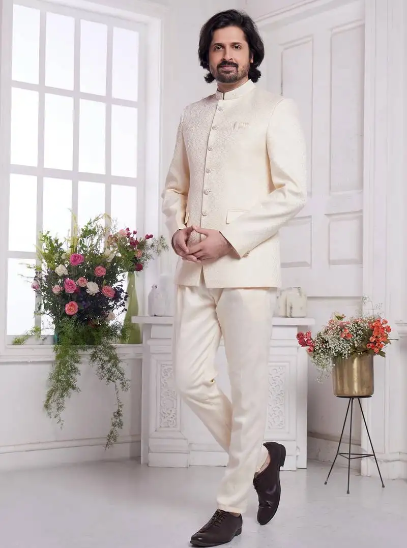 Men's cream jodhpuri with imported jaquard silk and faux satin