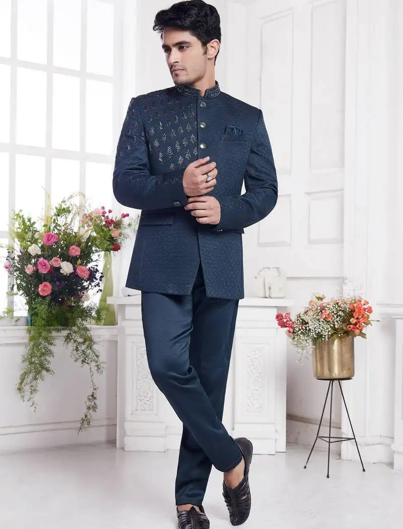 Blue jodhpuri with imported jaquard silk and faux satin