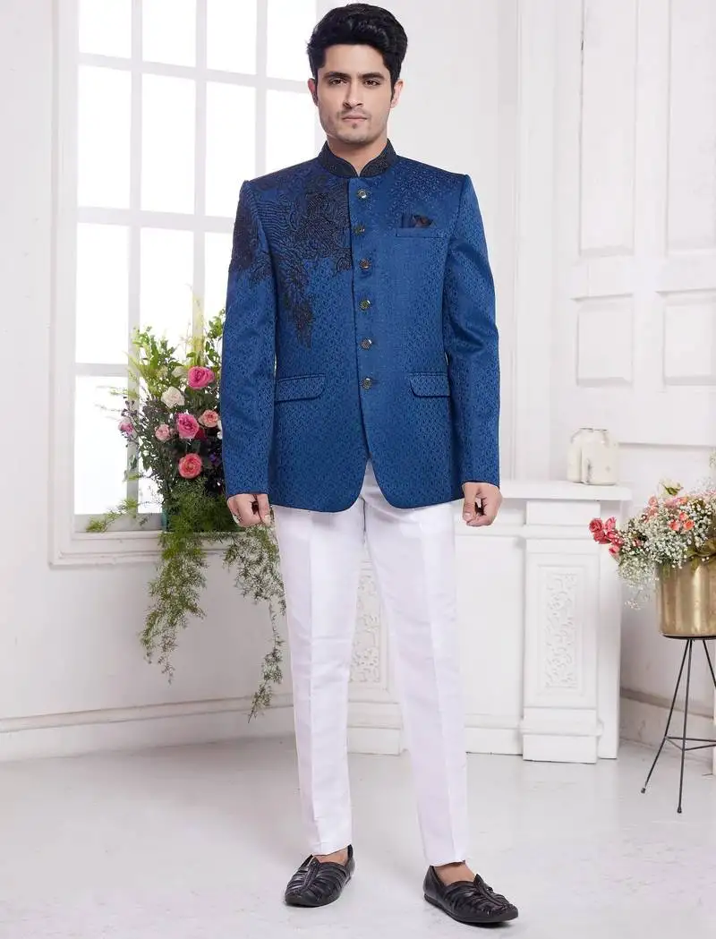 Men's blue jodhpuri with imported jaquard silk and faux satin