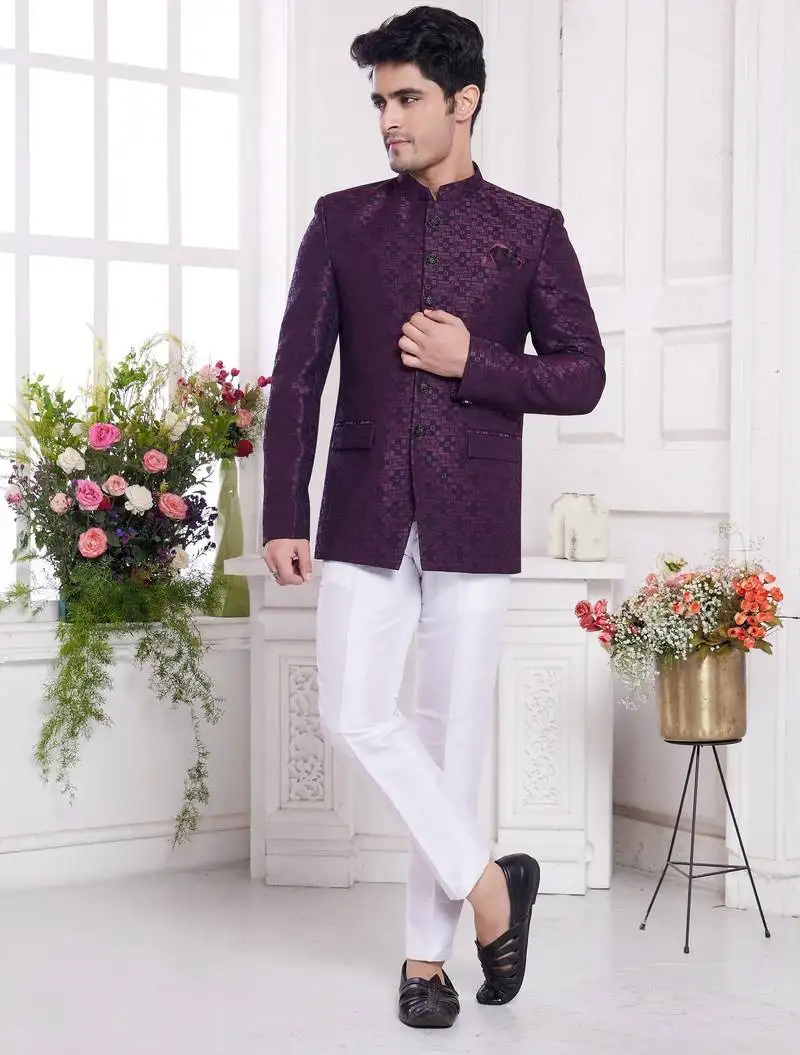 Men's wine jodhpuri with imported jaquard silk and faux satin