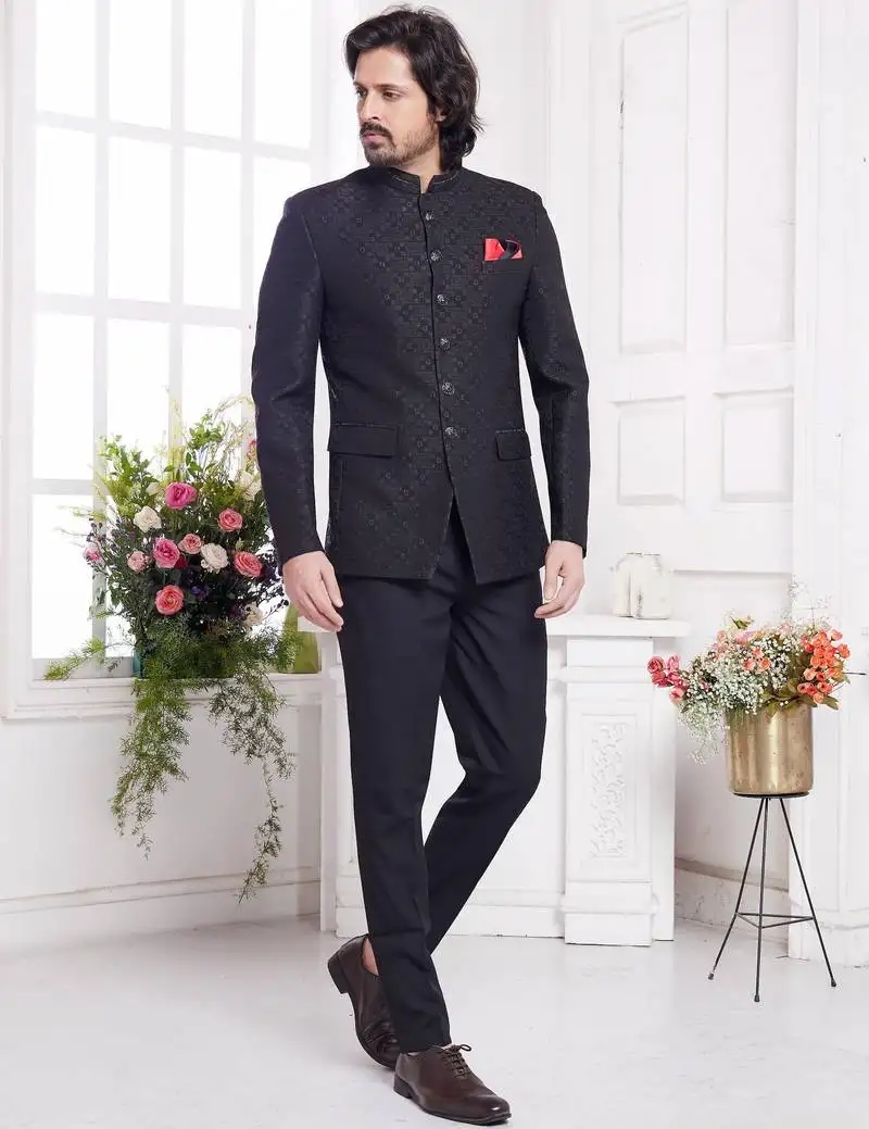 Men's black jodhpuri with imported jaquard silk and faux satin