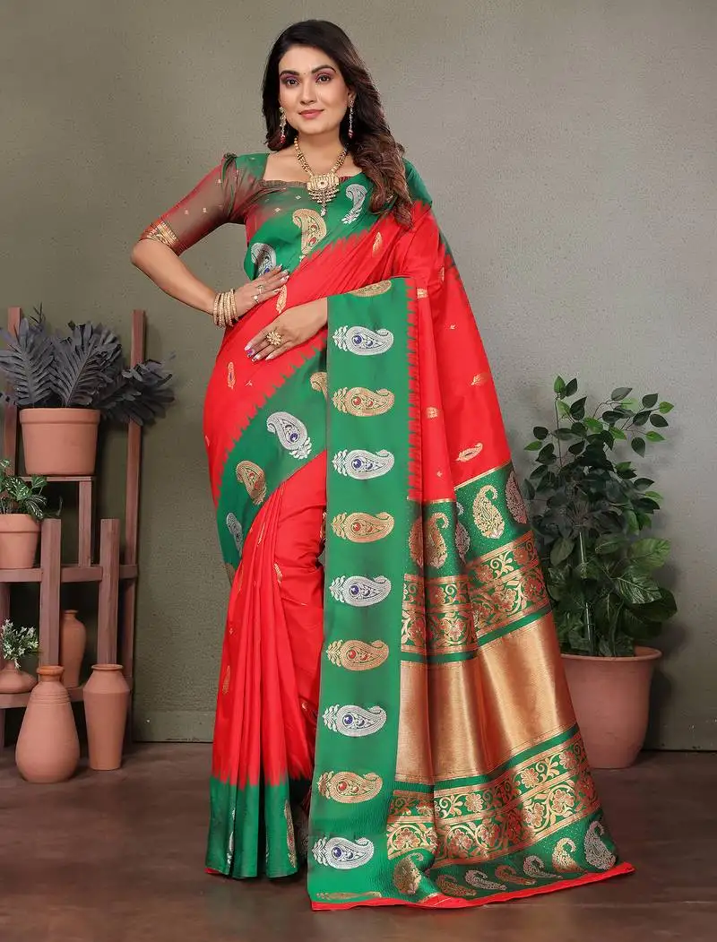 Red silk blend silver golden zari weaving banarasi saree with paisley zari border
