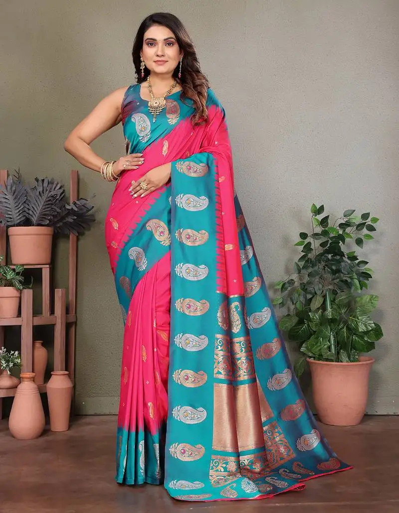 Pink silk blend silver golden zari weaving banarasi saree with paisley zari border