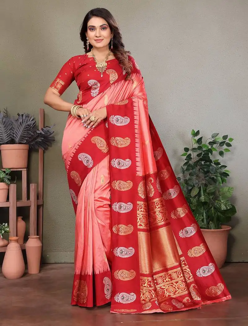 Light pink silk blend silver golden zari weaving banarasi saree with paisley zari border
