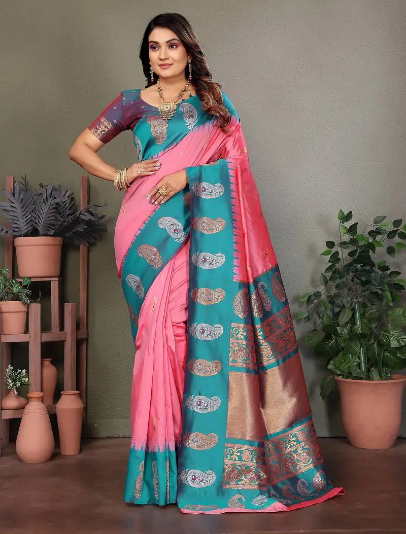 Baby pink silk blend silver golden zari weaving banarasi saree with paisley zari border