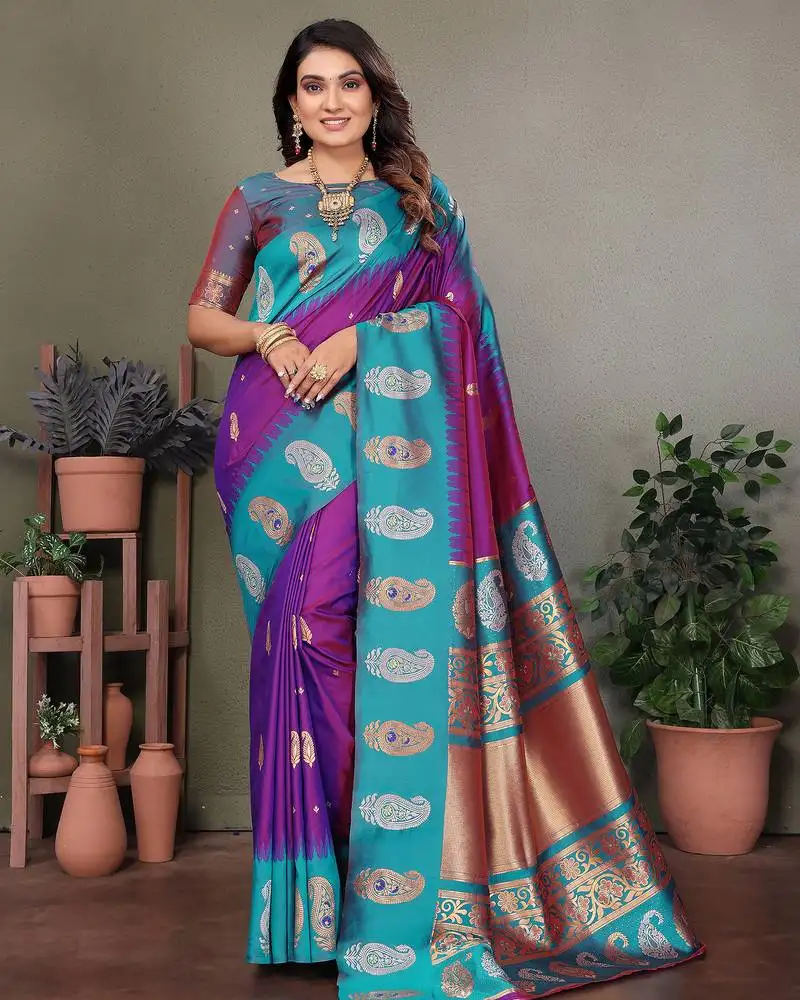 Purple silk blend silver golden zari weaving banarasi saree with paisley zari border