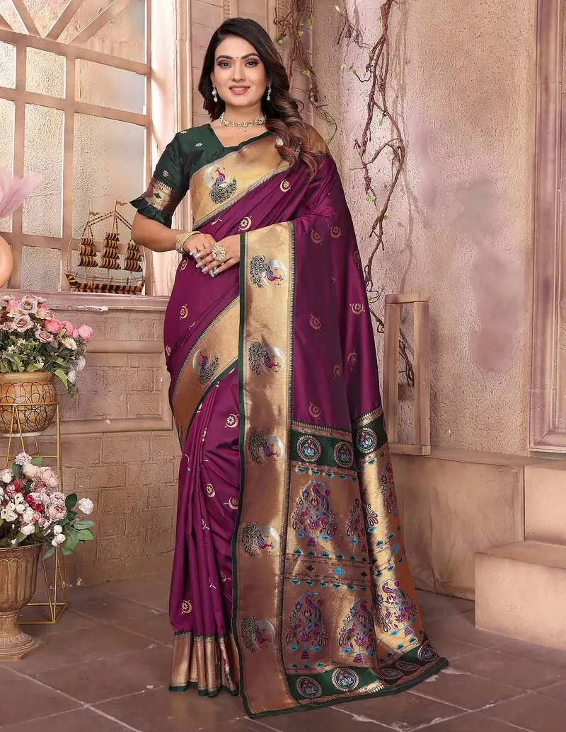 Maroon silk blend zari weaving paithani saree with peacock border and pallu