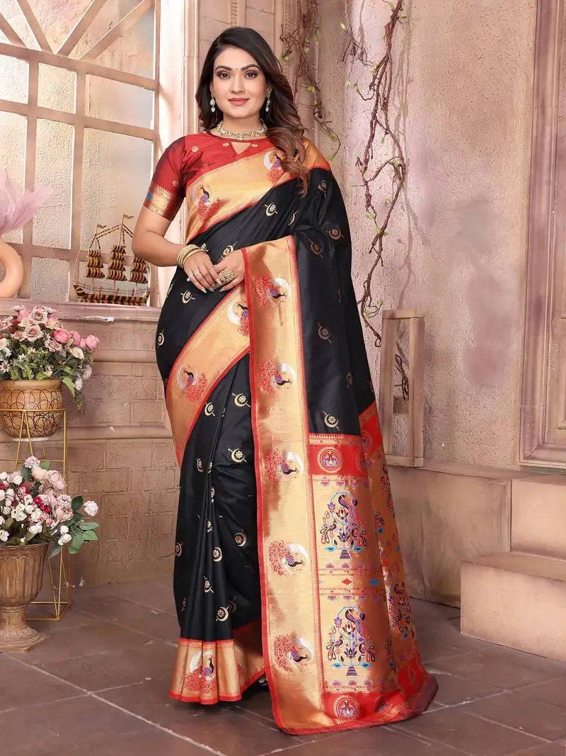 Black silk blend zari weaving paithani saree with peacock border and pallu