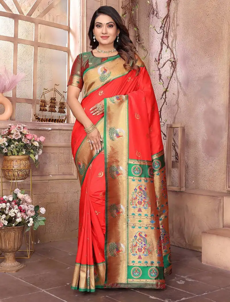 Red silk blend zari weaving paithani saree with peacock border and pallu