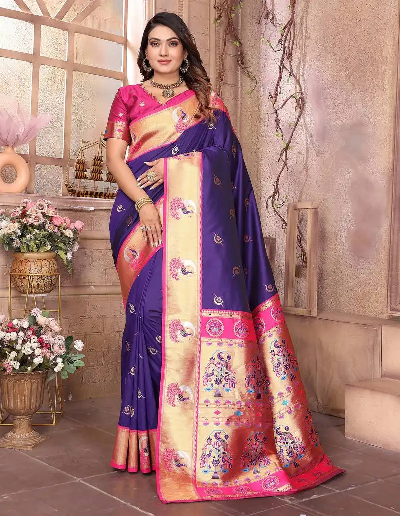 Purple silk blend zari weaving paithani saree with peacock border and pallu