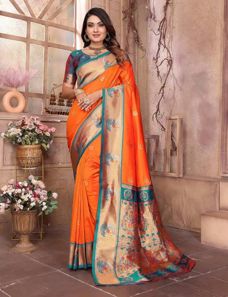 Orange silk blend zari weaving paithani saree with peacock border and pallu