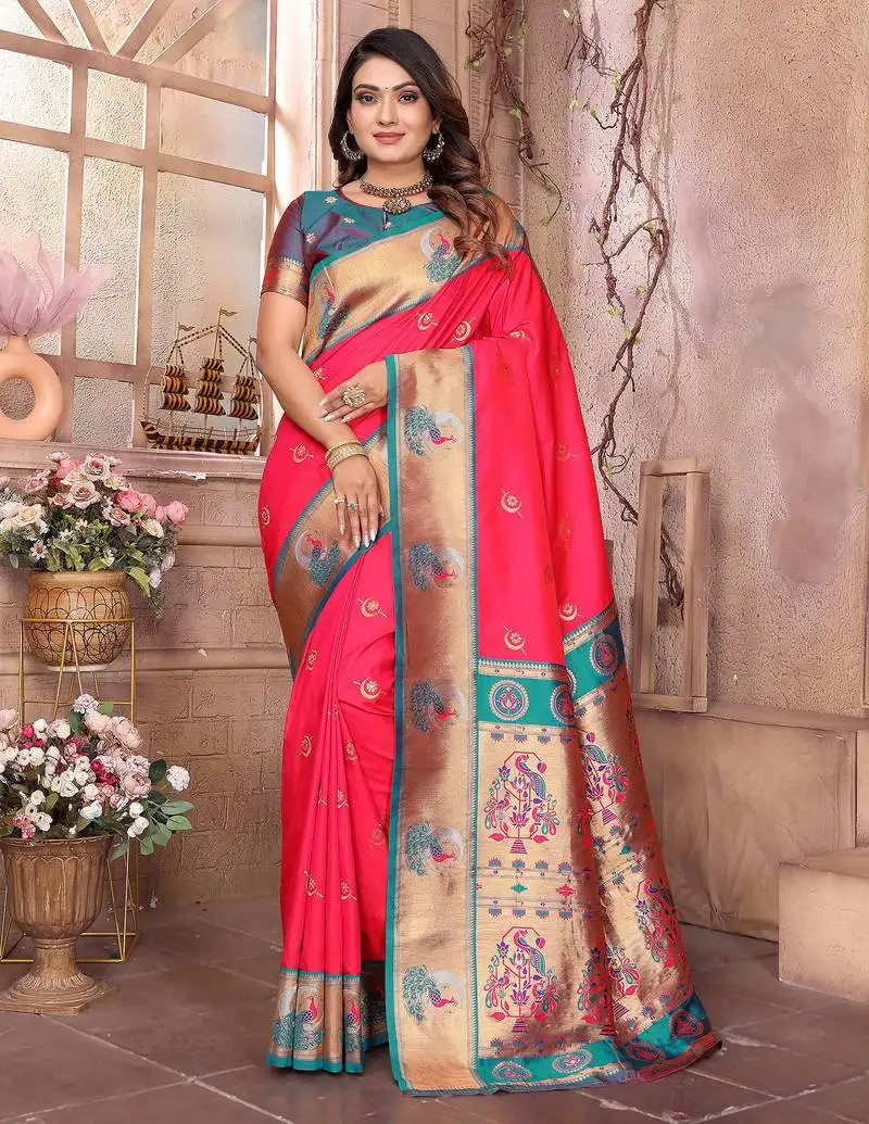 Hot pink silk blend zari weaving paithani saree with peacock border and pallu