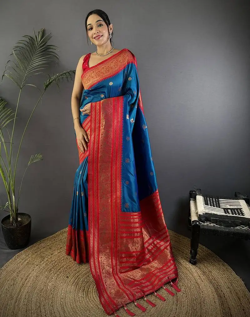 Royal blue silk blend butti zari weaving banarasi saree with woven saree