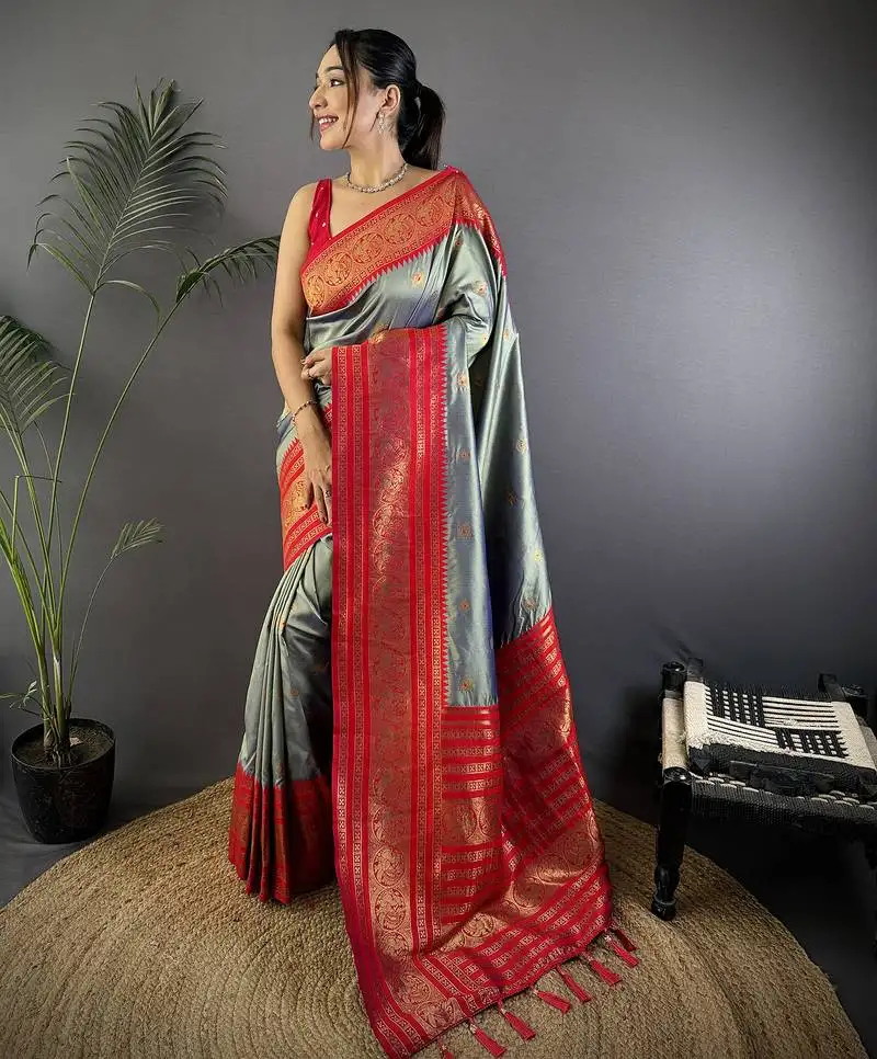 Grey silk blend butti zari weaving banarasi saree with woven saree