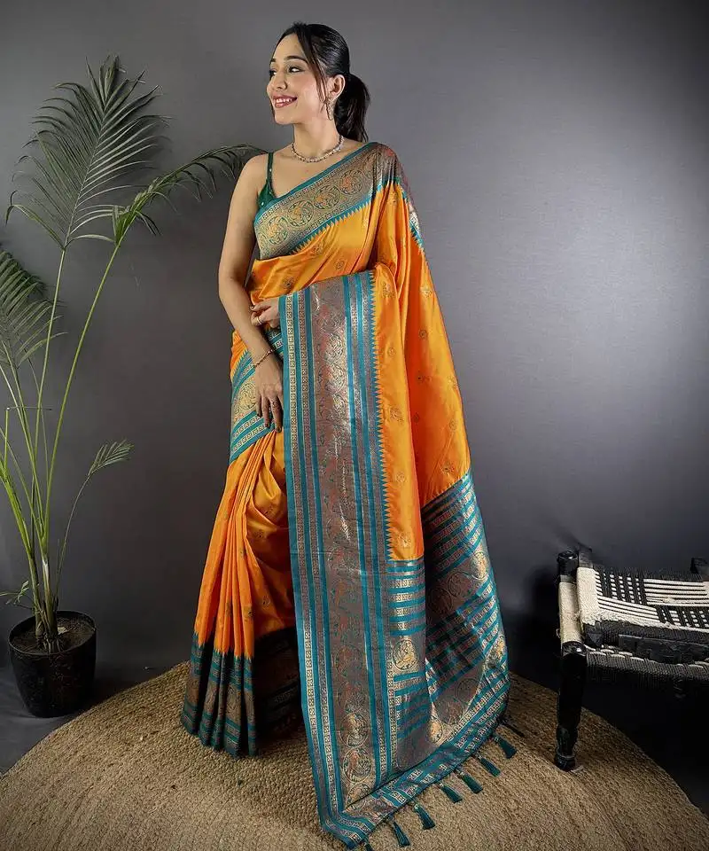Orange silk blend butti zari weaving banarasi saree with woven saree