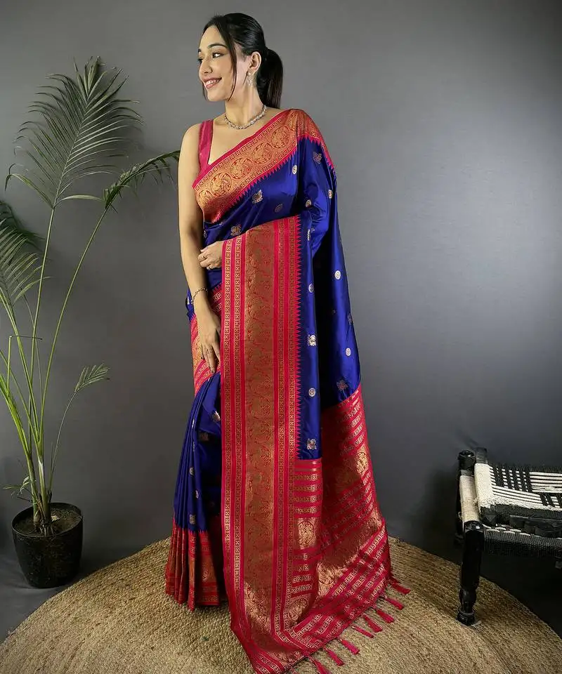 Navy blue silk blend butti zari weaving banarasi saree with woven saree