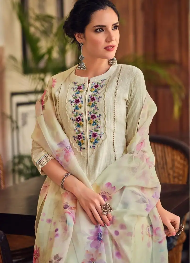 Cream full work suit set with floral organza dupatta