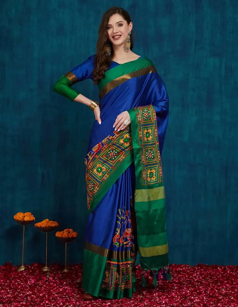 Blue cotton silk kutchi work saree with unstitched blouse